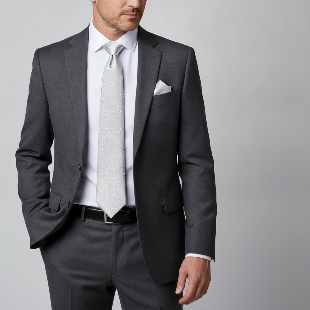 Silver with White Spot Silk Classic Tie and Pocket Square Set