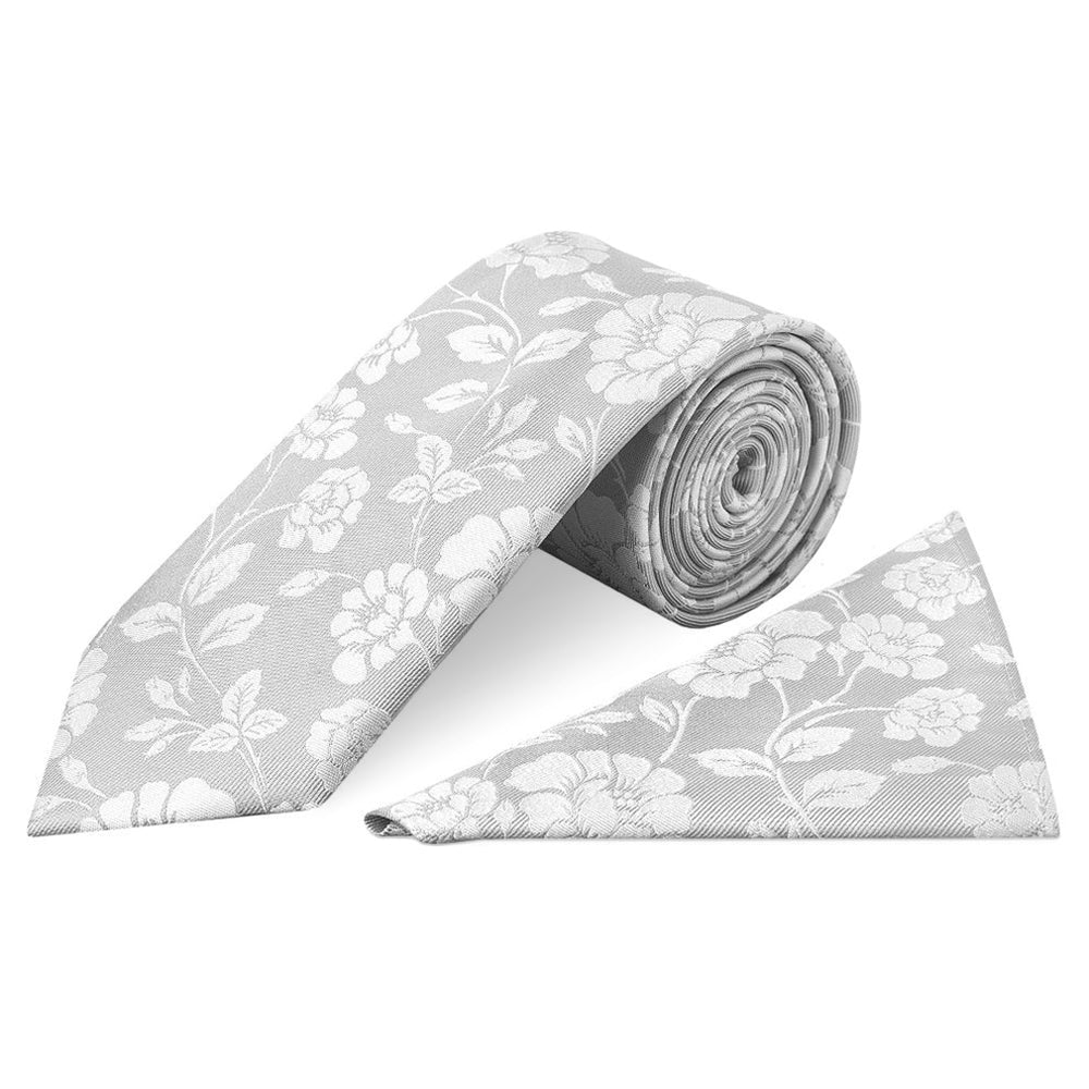 Mens Silver with White Floral Silk Classic Tie and Pocket Square