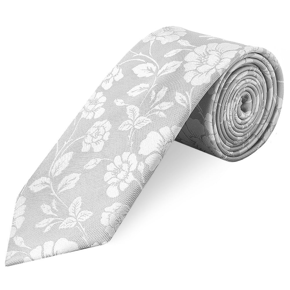 Silver with White Floral Silk Classic Tie