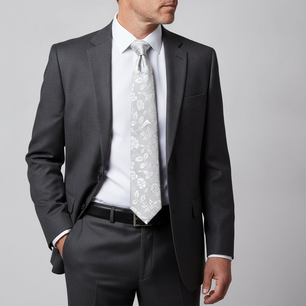 Silver with White Floral Silk Classic Tie