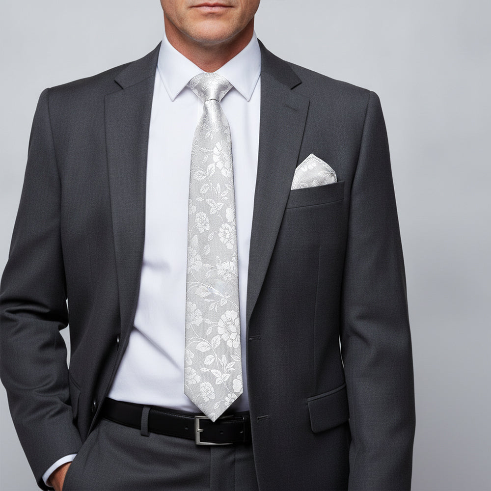 Mens Silver with White Floral Silk Classic Tie and Pocket Square