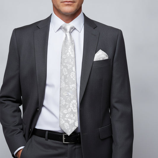 Mens Silver with White Floral Silk Classic Tie and Pocket Square