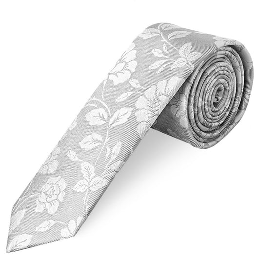 Silver with White Floral Silk Skinny Tie and Pocket Square Set