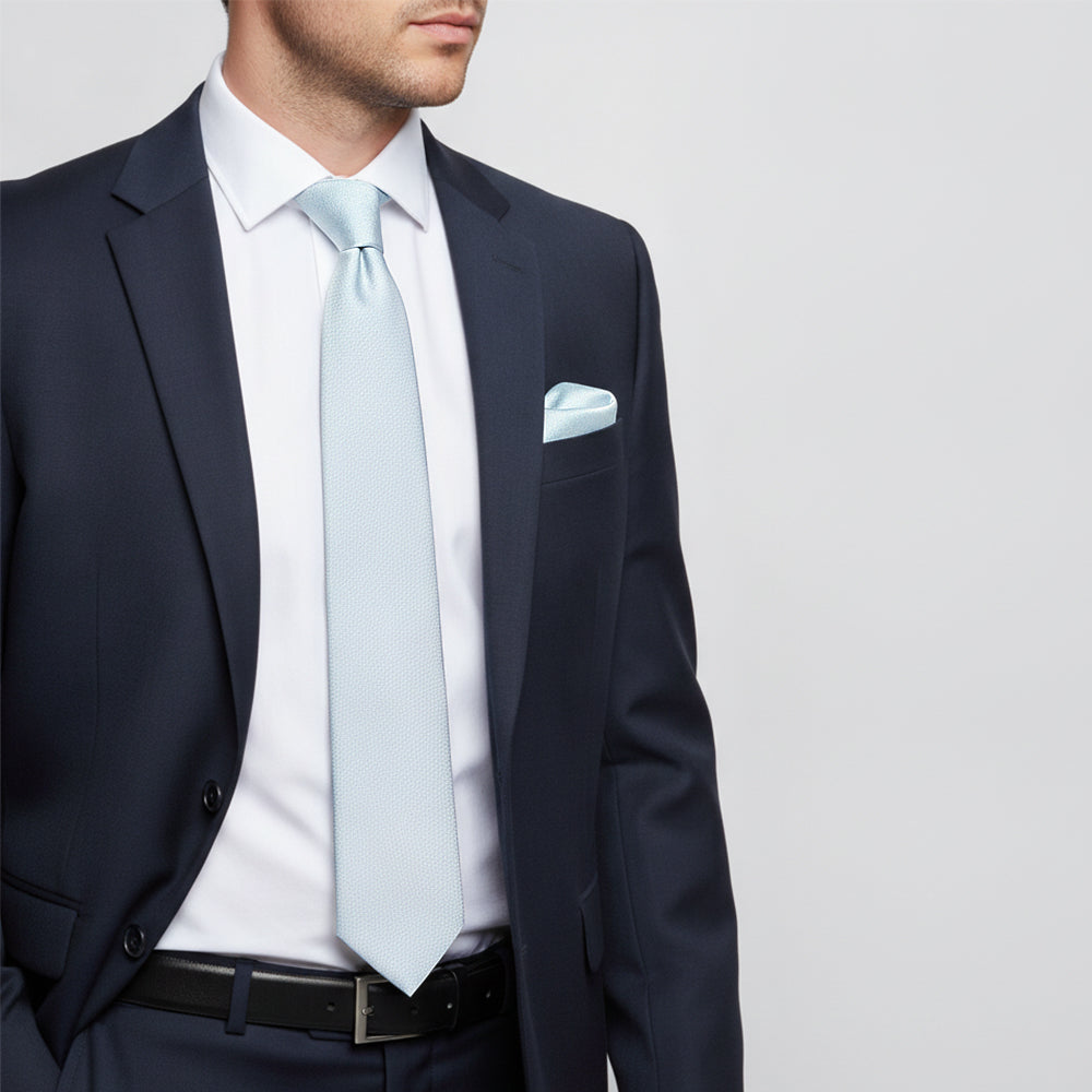 Plain Sky Blue Silk Classic Mens Tie and Pocket Square Set