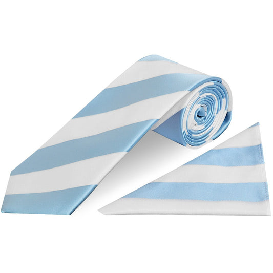 Sky Blue and White Striped Classic Mens Football Tie and Pocket Square Set
