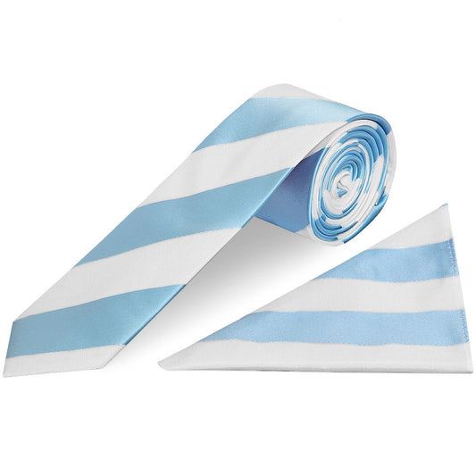 Sky Blue and White Striped Skinny Boys Tie and Pocket Square Set