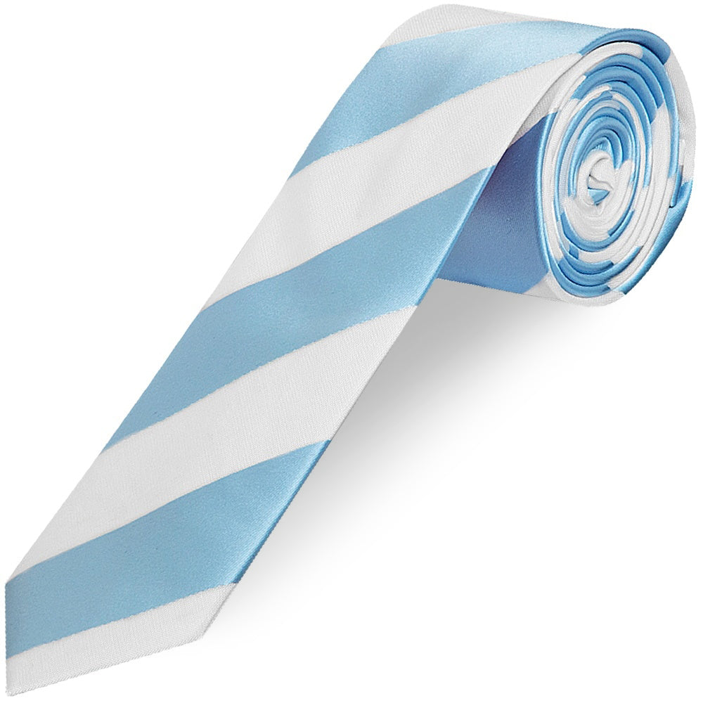 Sky Blue and White Striped Skinny Mens Football Tie and Pocket Square set