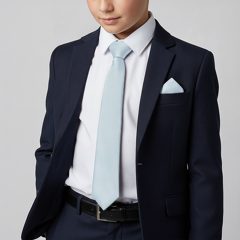 Plain Steel Blue Silk Skinny Boys Tie and Pocket Square Set