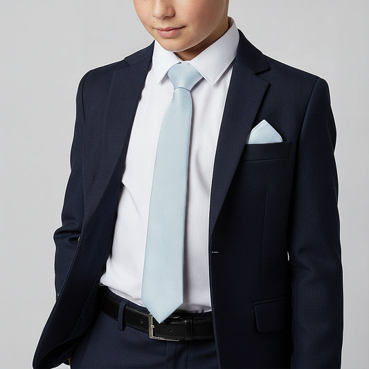 Plain Steel Blue Silk Skinny Boys Tie and Pocket Square Set
