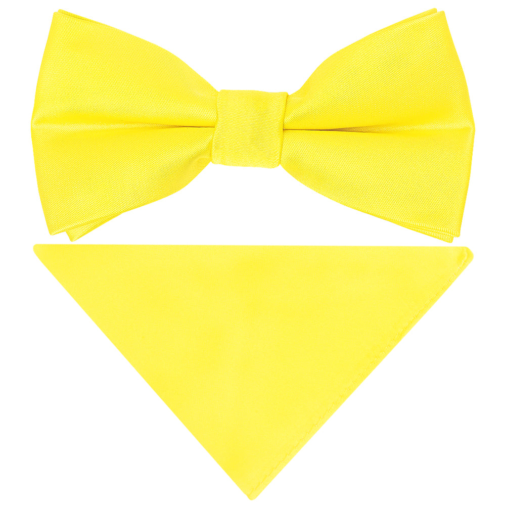 Pre Tied Sunshine Yellow Satin Boys Bow Tie and Pocket Square Set Age 4-7
