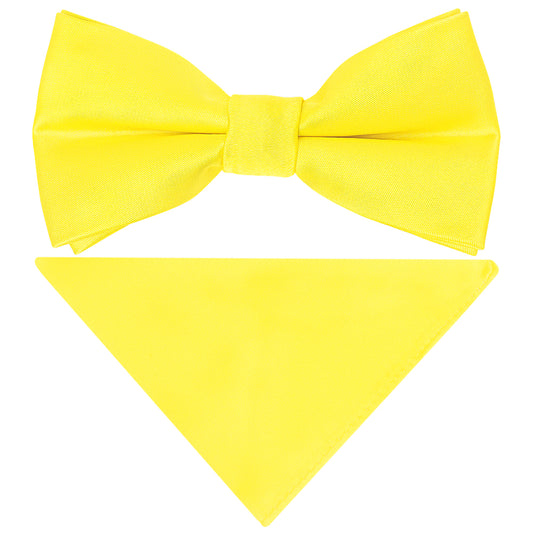 Pre Tied Sunshine Yellow Satin Boys Bow Tie and Pocket Square Set Age 4-7