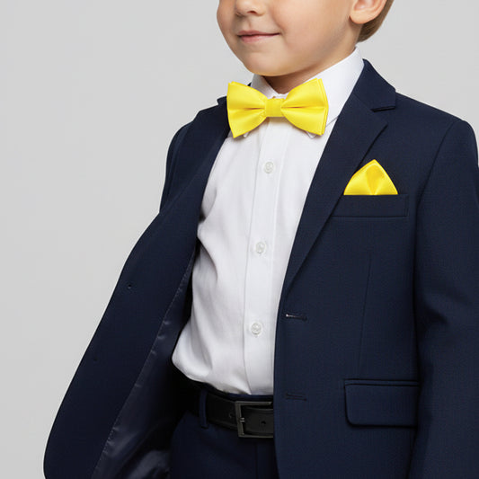 Pre Tied Sunshine Yellow Satin Boys Bow Tie and Pocket Square Set Age 4-7