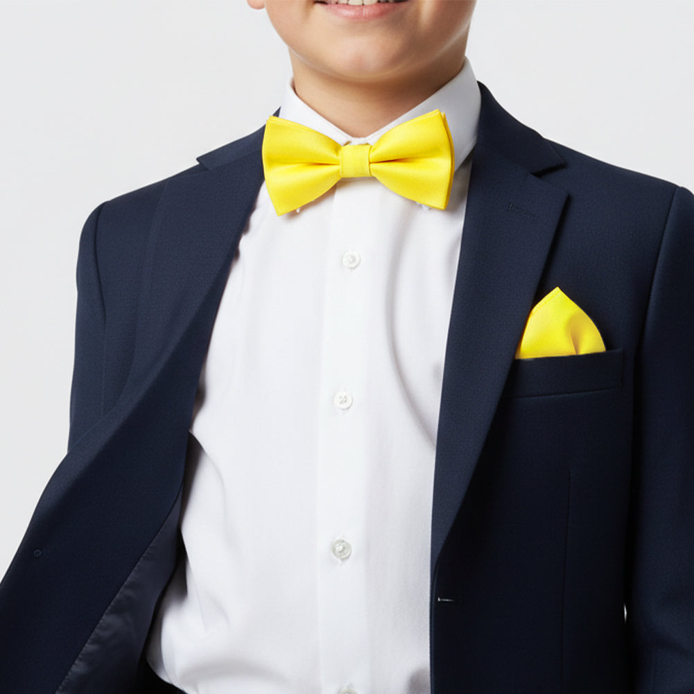 Pre Tied Sunshine Yellow Satin Boys Bow Tie and Pocket Square Set