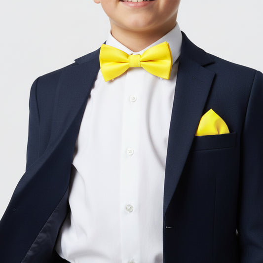 Pre Tied Sunshine Yellow Satin Boys Bow Tie and Pocket Square Set