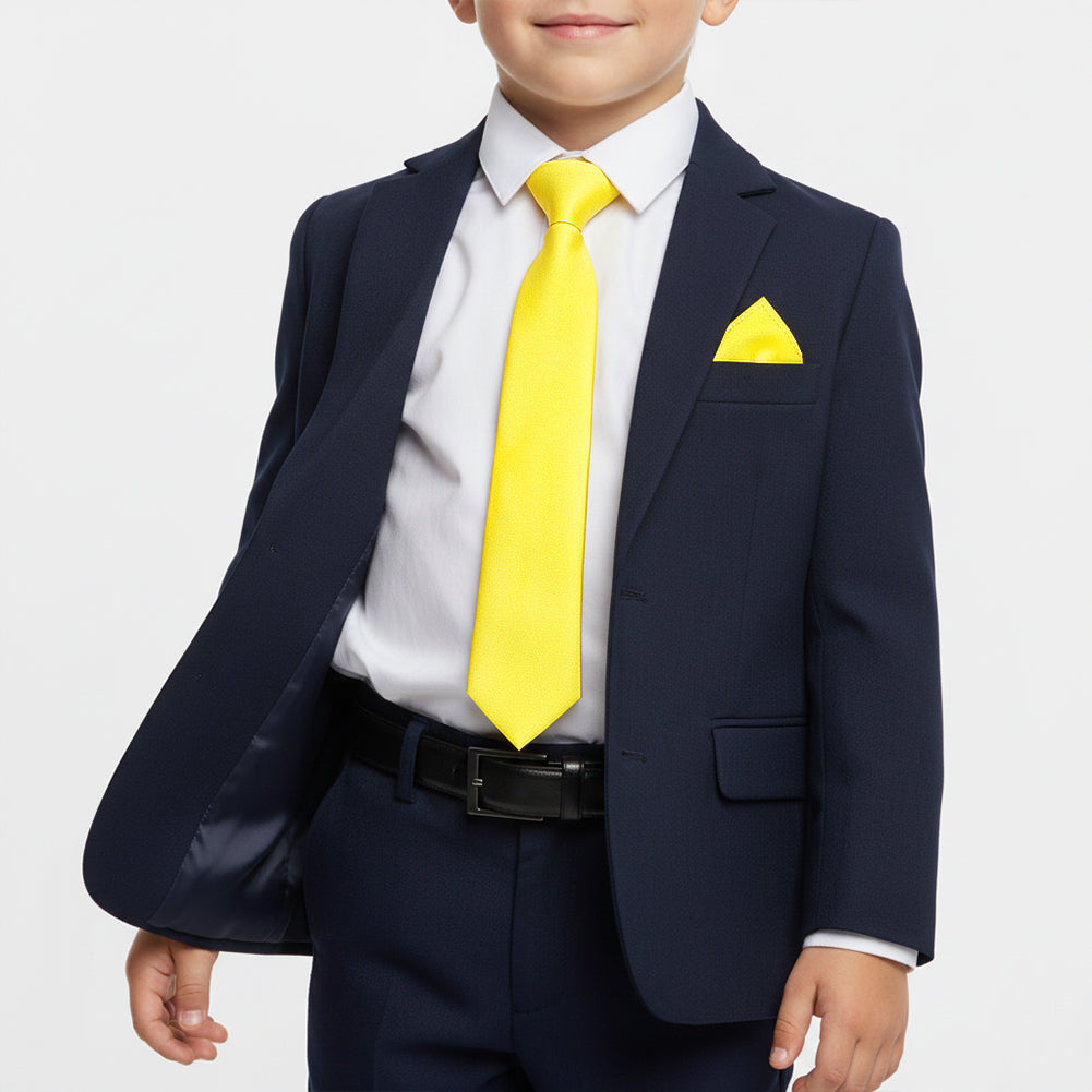 Pre Tied Sunshine Yellow Satin Boys Tie and Pocket Square Set Age 4-7