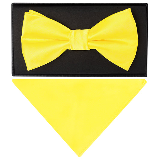 Plain Sunshine Yellow Handmade Mens Bow Tie and Pocket Square Set