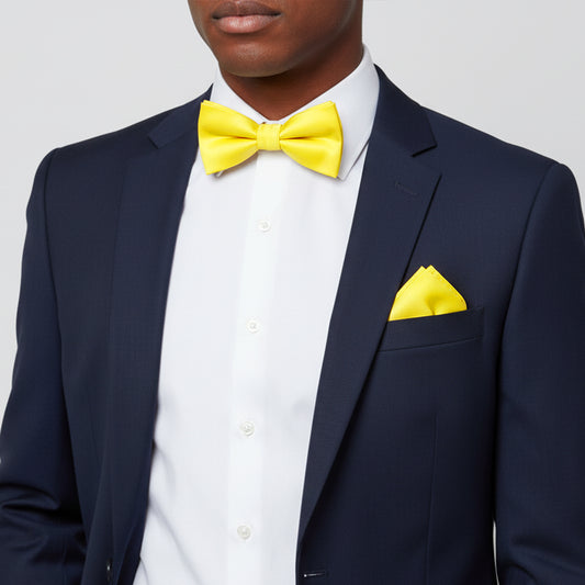 Plain Sunshine Yellow Handmade Mens Bow Tie and Pocket Square Set