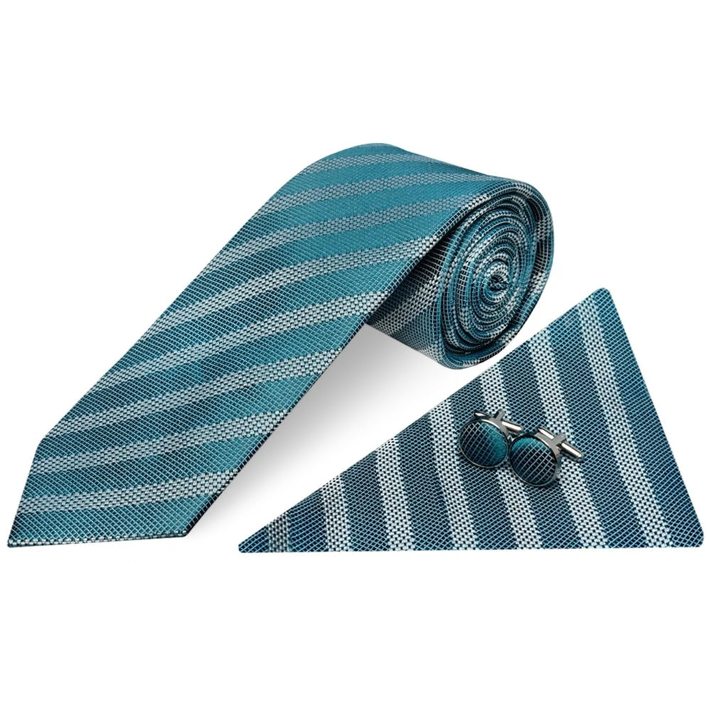 Mens Teal Textured Stripe Silk Classic Tie Pocket Square and Cufflinks Box Set