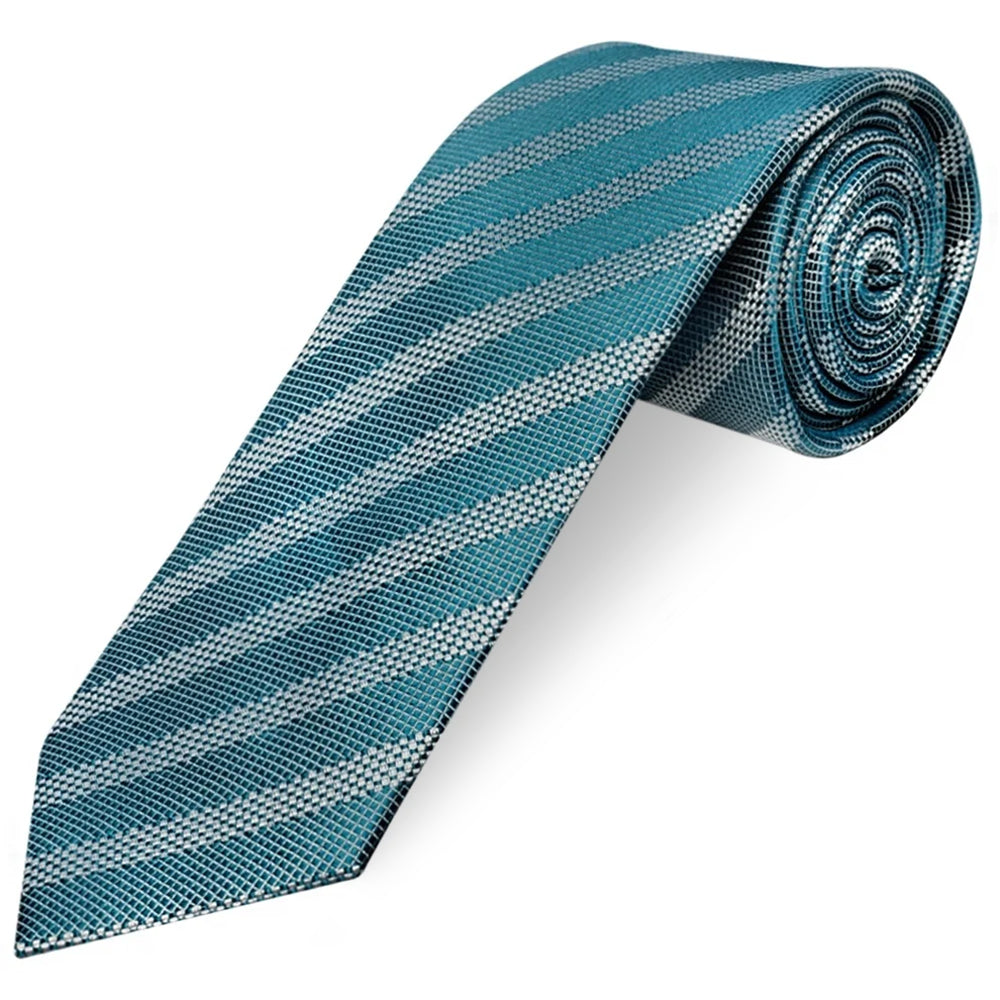 Mens Teal Textured Stripe Silk Classic Tie Pocket Square and Cufflinks Box Set