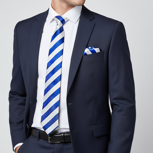 Blue and White Striped Classic Mens Football Tie and Pocket Square Set