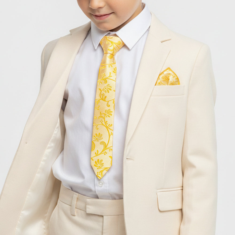 Pre Tied Bright Yellow Floral Boys Tie and Pocket Square Set Age 4-7