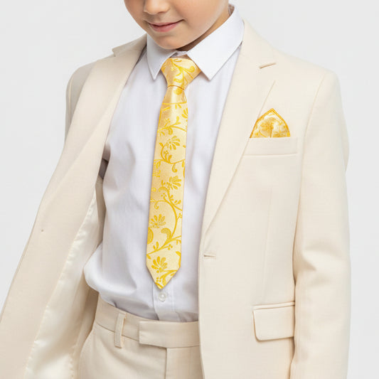 Pre Tied Bright Yellow Floral Boys Tie and Pocket Square Set Age 4-7