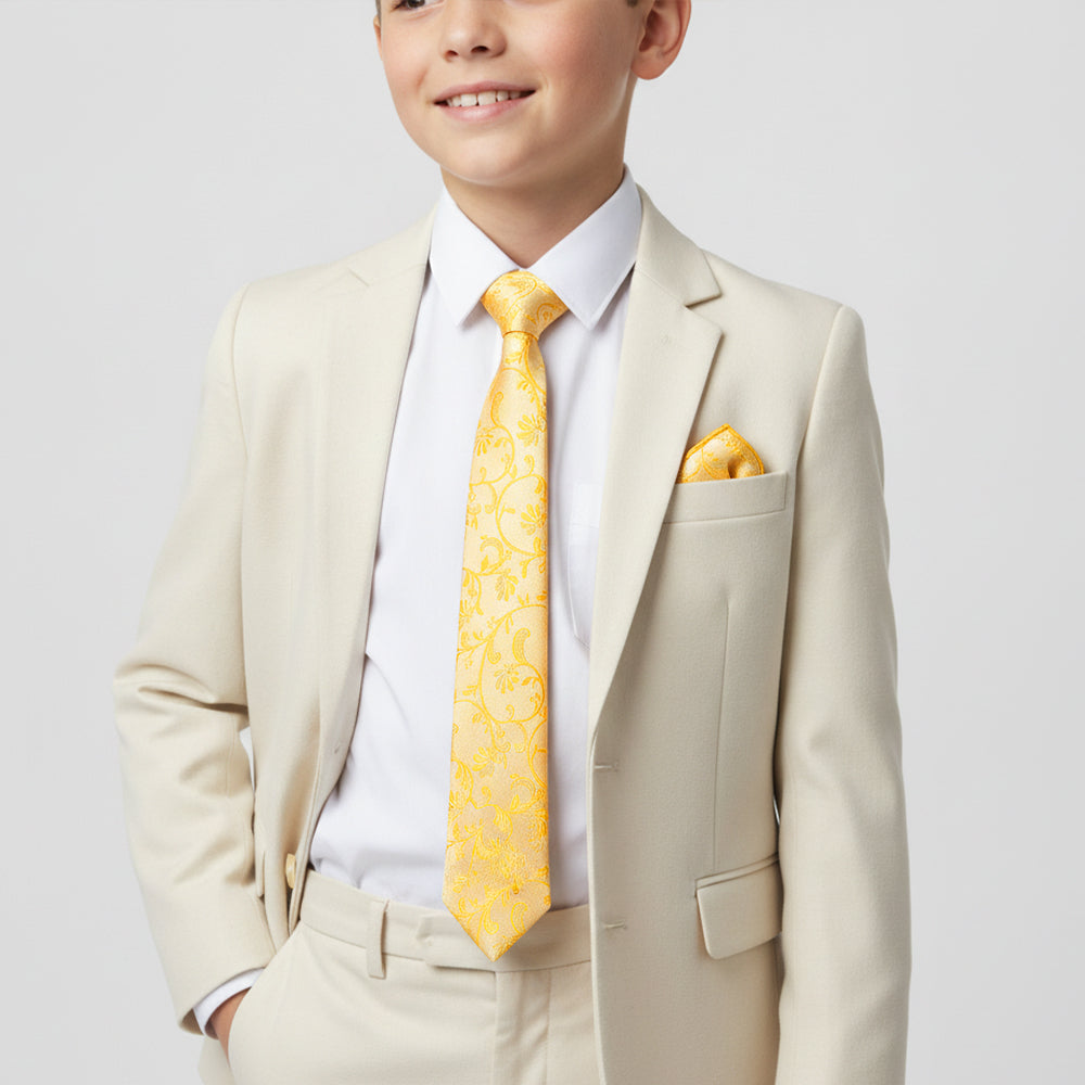 Bright Yellow Floral Skinny Boys Tie and Pocket Square Set