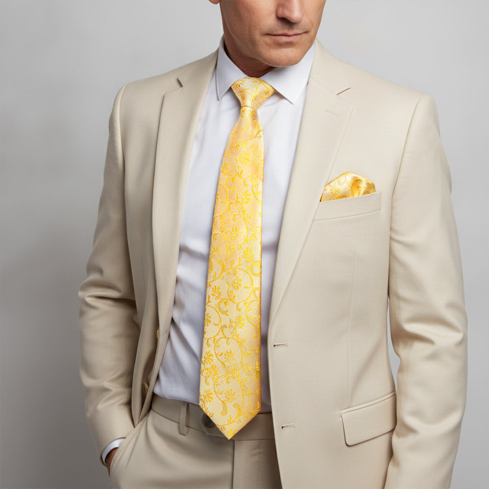 Bright Yellow Floral Classic Men's Tie and Pocket Square Set