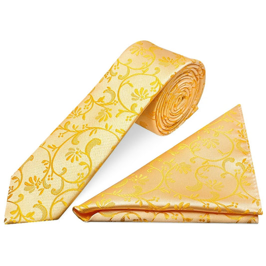 Bright Yellow Floral Skinny Men's Tie and Pocket Square Set