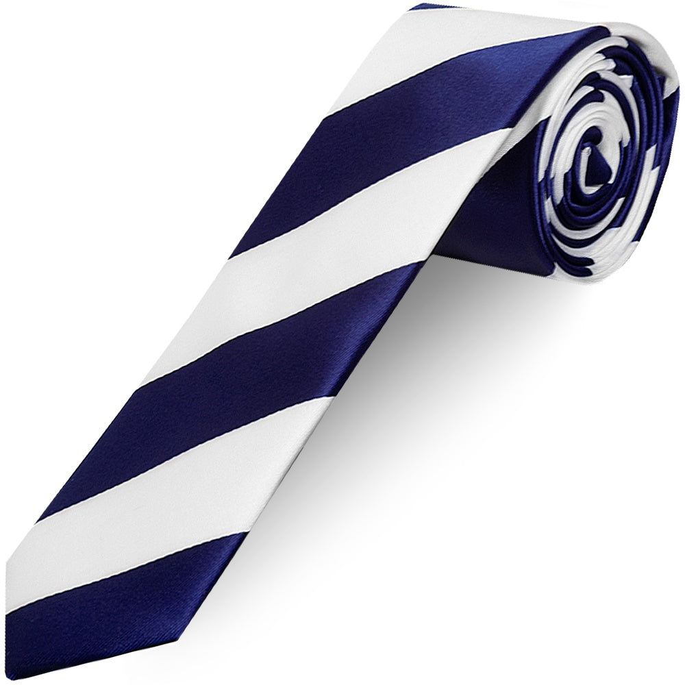 Navy and White Striped Skinny Boys Football Tie and Pocket Square Set
