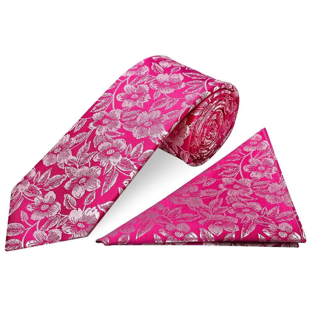 Mens Fuchsia Floral Silk Classic Tie and Pocket Square
