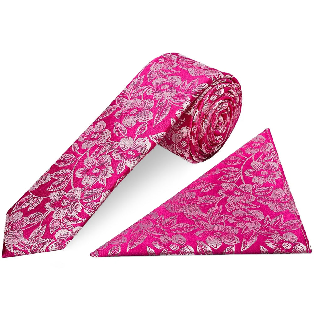 Mens Fuchsia Floral Silk Skinny Tie and Pocket Square