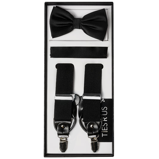 Men’s Black Satin Bow Tie Set with Matching Pocket Square & Black Braces