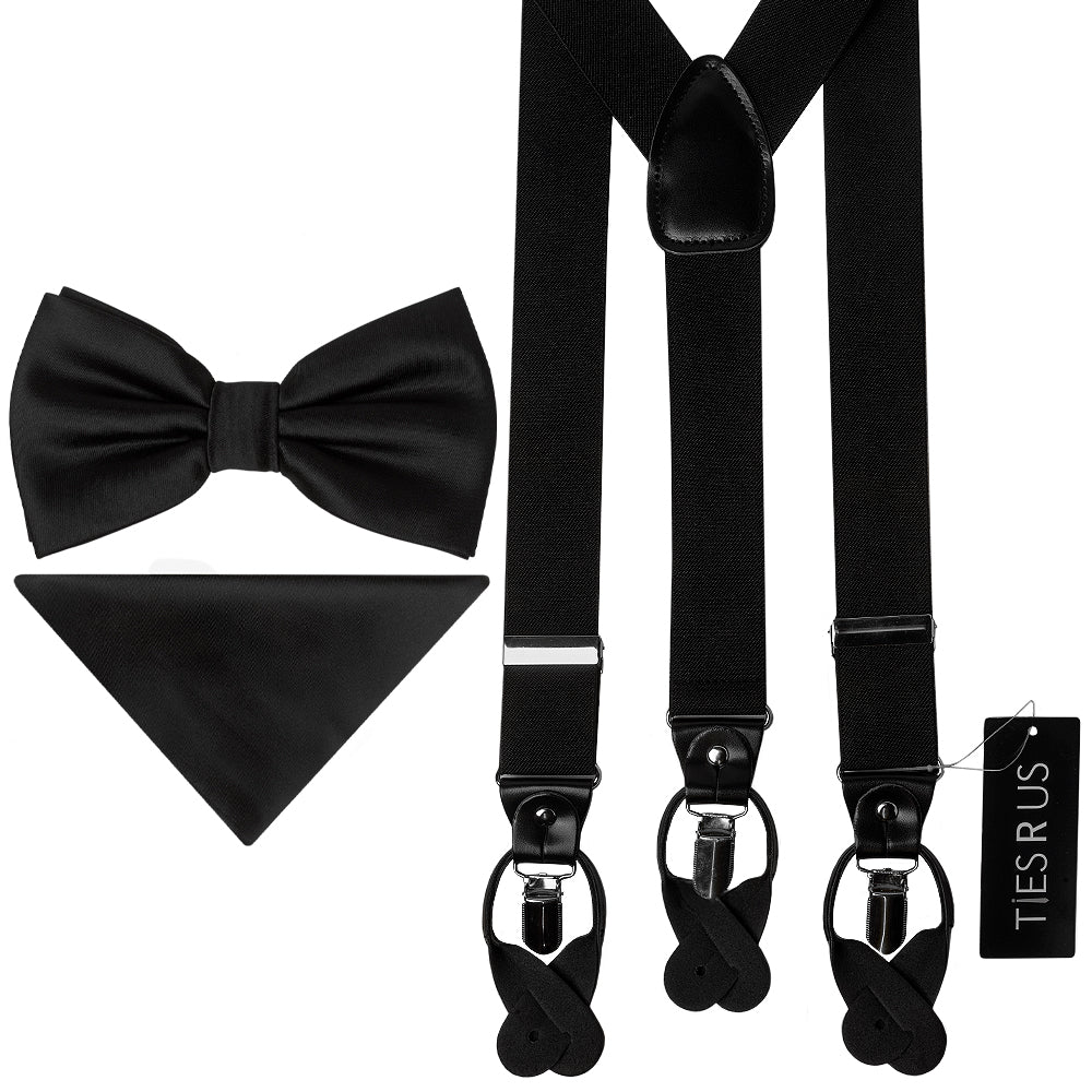 Men’s Black Satin Bow Tie Set with Matching Pocket Square & Black Braces