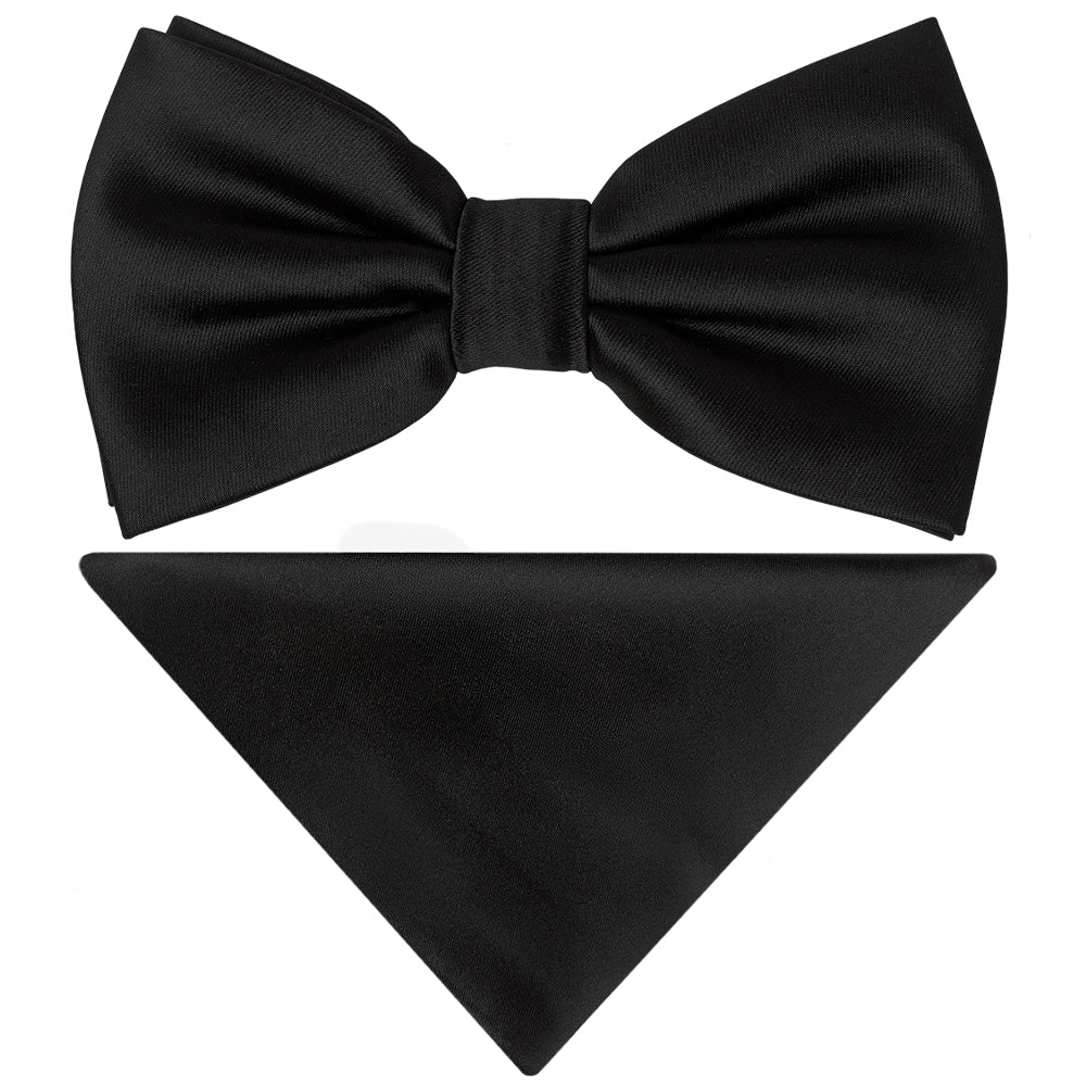 Men’s Black Satin Bow Tie Set with Matching Pocket Square & Black Braces