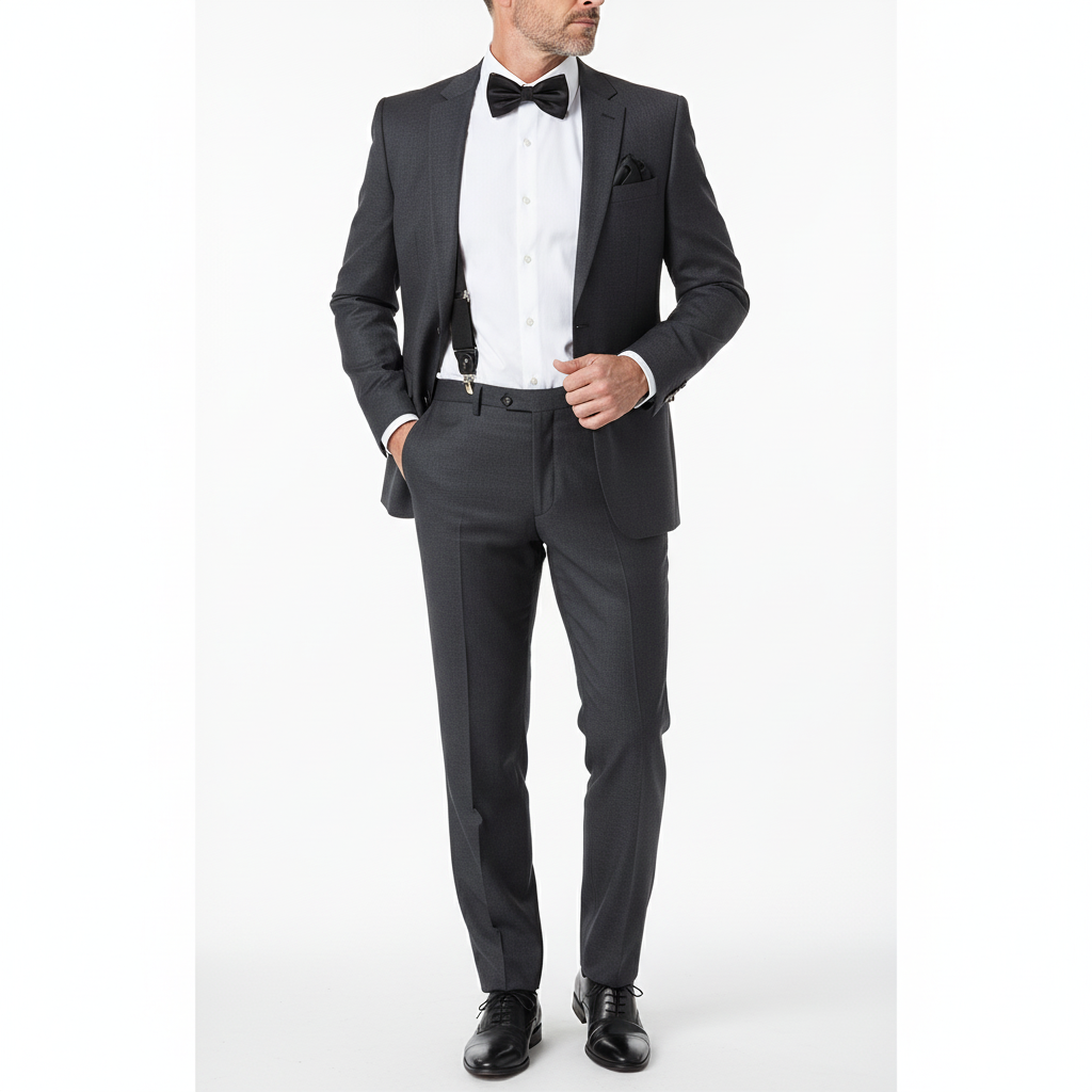 Men’s Black Satin Bow Tie Set with Matching Pocket Square & Black Braces