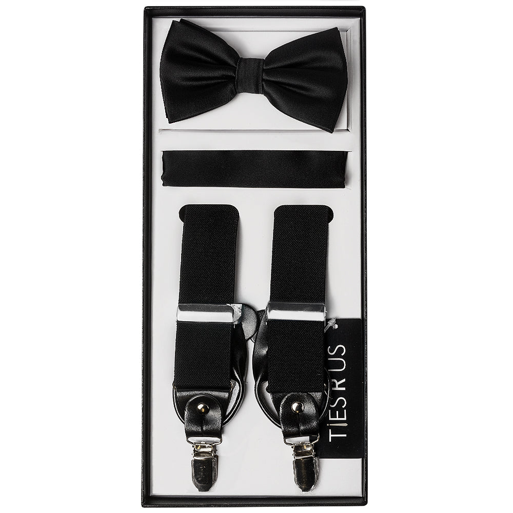 Men’s Black Satin Bow Tie Set with Matching Pocket Square & Black Braces