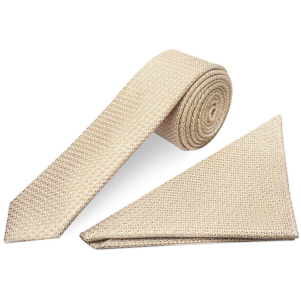 Gold Grenadine Silk Skinny Mens Tie and Pocket Square Set