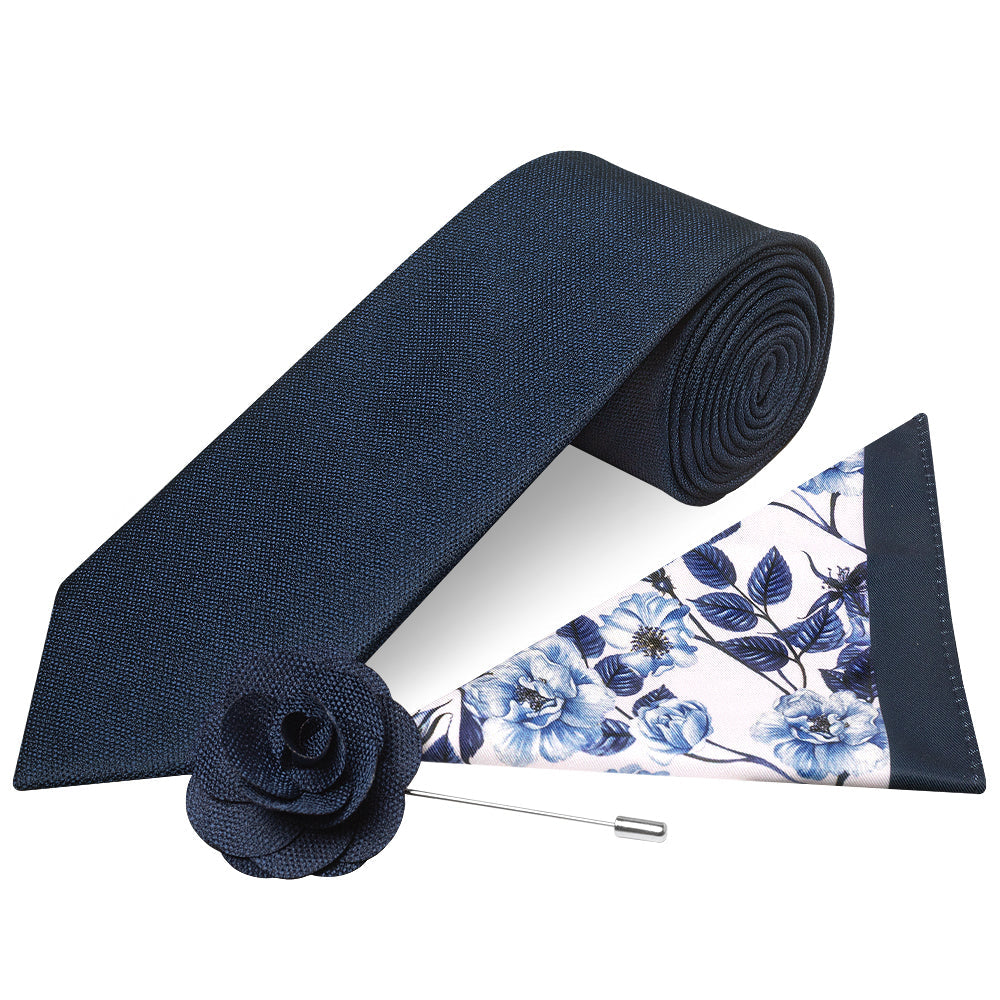 Classic Navy Mens Tie with Pocket Square and Lapel Pin Set