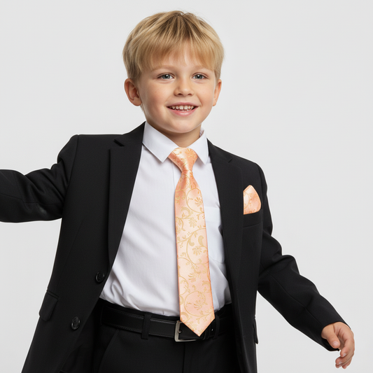 Pre Tied Peach Floral Boys Tie and Pocket Square Set Age 4-7