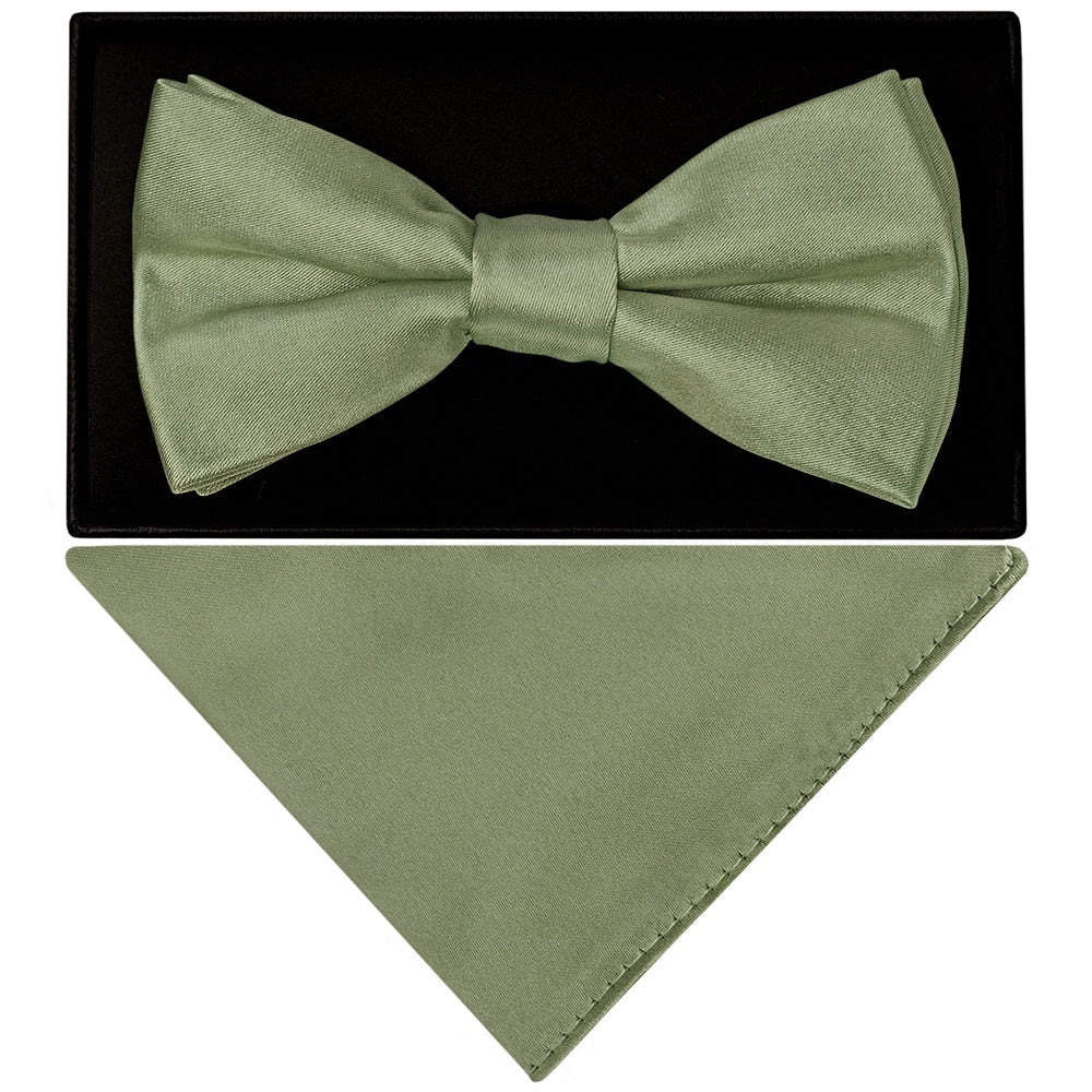 Plain Olive Green Mens Satin Bow Tie and Pocket Square Set