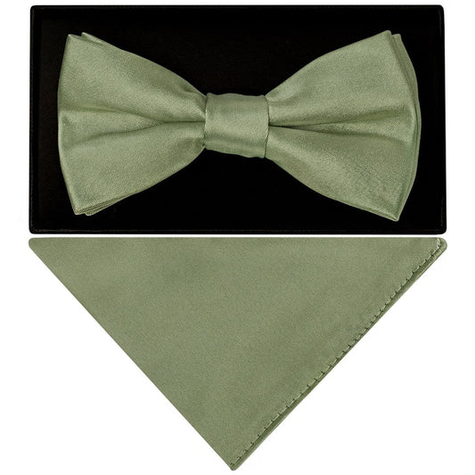 Plain Olive Green Mens Satin Bow Tie and Pocket Square Set