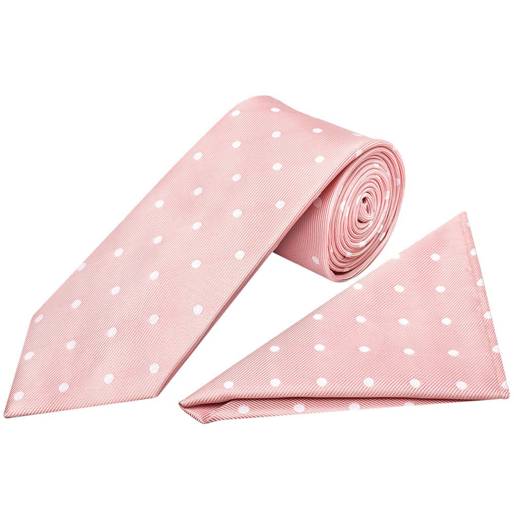 Pink Large White Spot Classic Mens Tie and Pocket Square Set